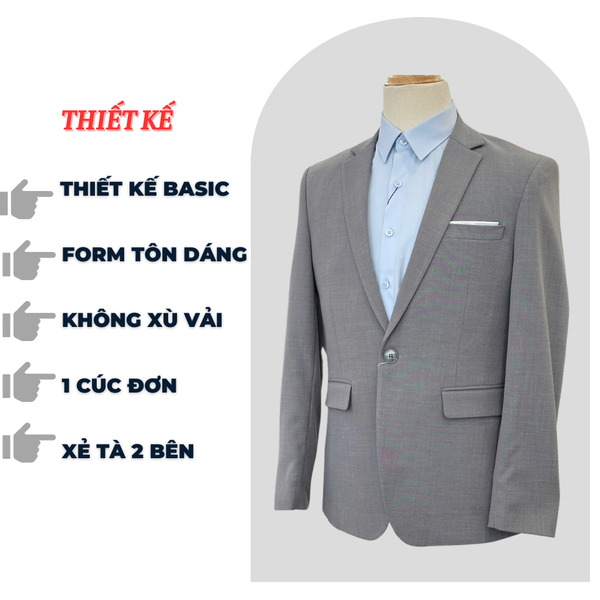 Bộ Veston VIỆT TUẤN COMPLET-193 màu xám nhạt trơn bộ suit dáng trẻ, 1 cúc , xẻ tà 2 bên chất liệu Vicose
