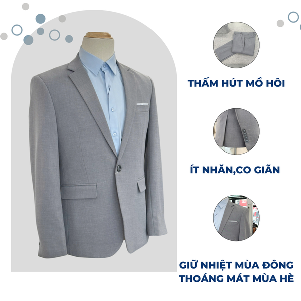 Bộ Veston VIỆT TUẤN COMPLET-193 màu xám nhạt trơn bộ suit dáng trẻ, 1 cúc , xẻ tà 2 bên chất liệu Vicose