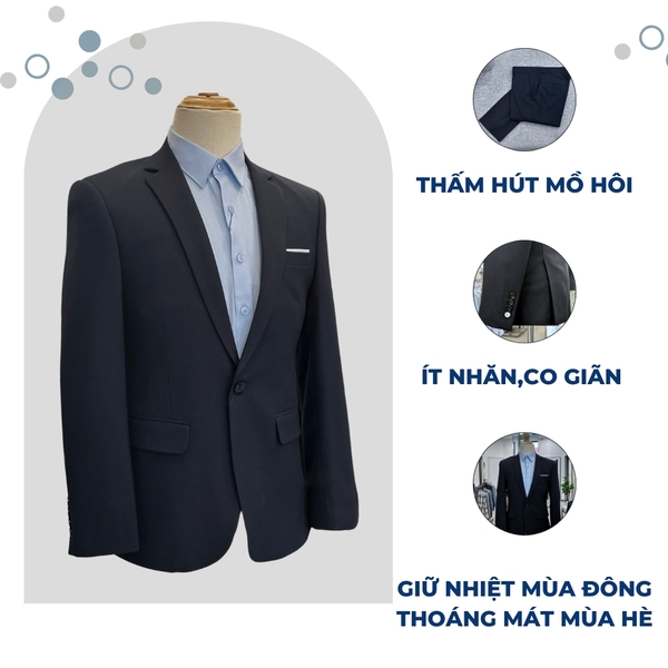 Bộ Veston VIỆT TUẤN COMPLET-160 màu xanh đậm trơn bộ suit dáng trẻ, 1 cúc , xẻ tà 2 bên chất liệu Vicose