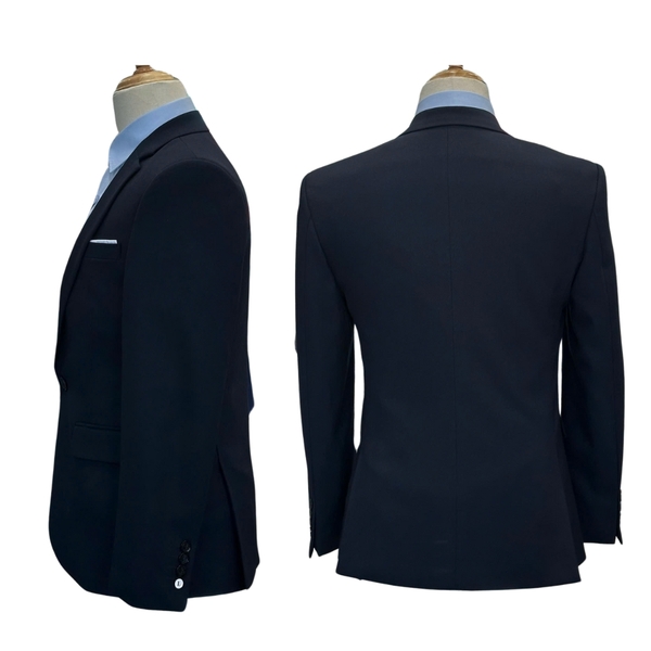 Bộ Veston VIỆT TUẤN COMPLET-160 màu xanh đậm trơn bộ suit dáng trẻ, 1 cúc , xẻ tà 2 bên chất liệu Vicose