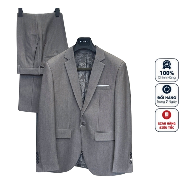 Bộ Veston VIỆT TUẤN COMPLET-192 màu xám kẻ xanh bộ suit dáng trẻ, 1 cúc , xẻ tà 2 bên chất liệu Vicose