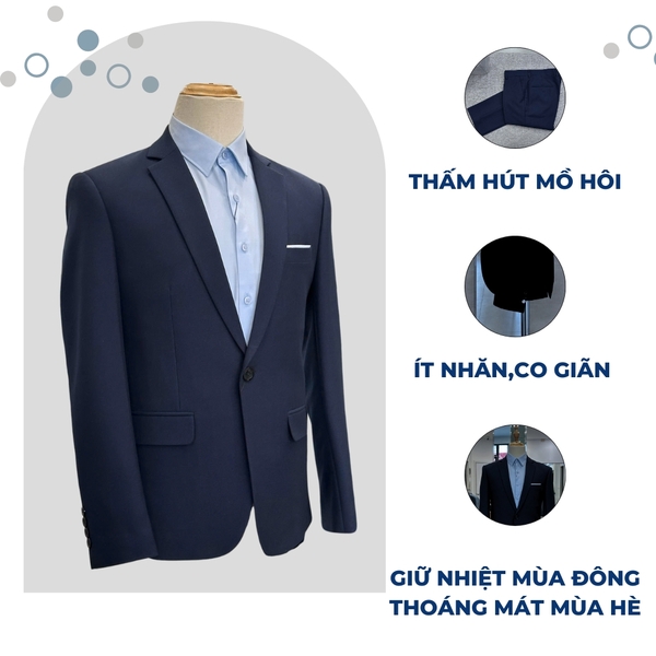 Bộ Veston VIỆT TUẤN COMPLET-559 màu xanh tím than trơn bộ suit dáng trẻ, 1 cúc , xẻ tà 2 bên chất liệu Vicose