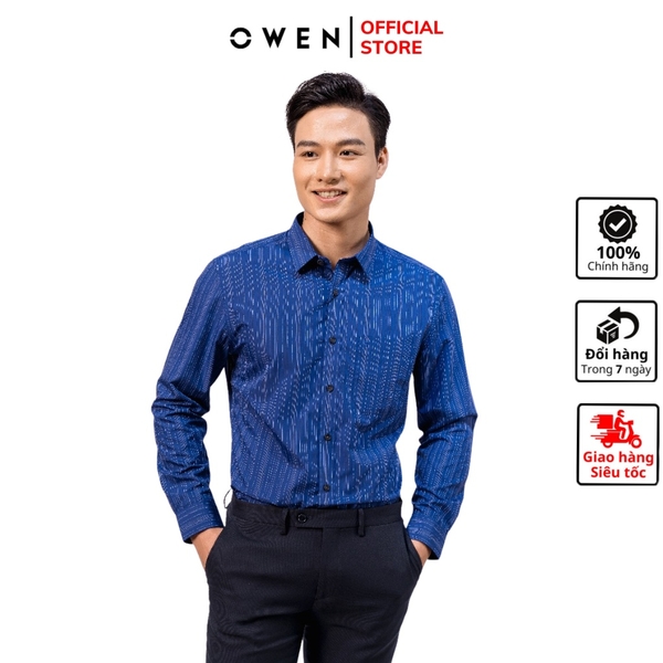 Áo Sơ Mi Nam Tay Dài Owen AR22907DT Kiểu Dáng Regular Fit Vải Sợi Bạch Đàn Màu Kẻ Sọc Trắng Nền Xanh Navy