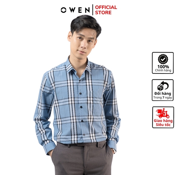 Áo Sơ Mi Nam Tay Dài Owen AR220053DT Màu Kẻ Caro Lớn Xanh Xám Đen Trắng Dáng Regular Fit Tà Lượn Có Túi Chất Vải Sợi Tre