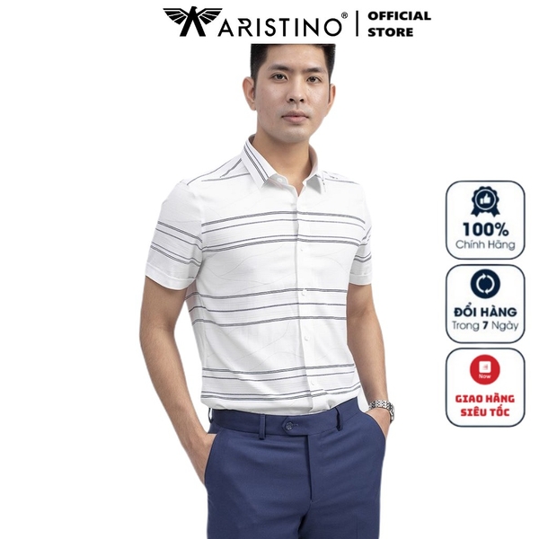 Áo Sơ Mi Nam Tay Ngắn Aristino ASS051S9 Màu Trắng Kẻ Ngang Xanh Đậm Dáng Slim Fit Tà Lượn Vải Sợi Sồi