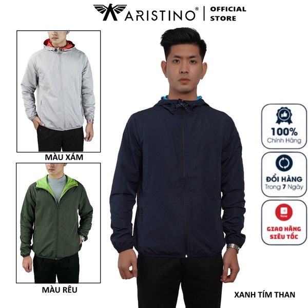 Áo khoác gió nam Aristino AJK026W7 dáng Regular fit mũ liền màu xanh tím than 8
