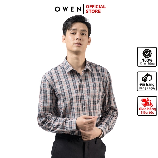 Áo Sơ Mi Nam Tay Dài Owen AR220151DT Màu Kẻ Caro Ghi Đen Đỏ Dáng Regular Fit Tà Lượn Có Túi Chất liệu Vải Sợi Tre
