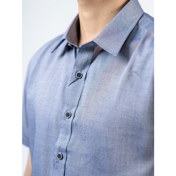 Áo Sơ Mi Nam Tay Ngắn Owen AS220135N Màu Oxford Navy Slim Fit Tà Lượn Không Túi Ngực Vải Sợi Tre