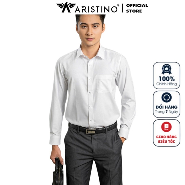 Áo Sơ Mi Nam Tay Dài Aristino ALS26309 Màu Trắng Dệt Hình Kiểu Dáng Regular Fit Chất Liệu Sợi Tre