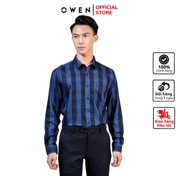 Áo Sơ Mi Nam Tay Dài Owen AR23391D Màu Xanh Navy Đậm Kẻ Caro To Dáng Regular Fit Có Túi Chất Liệu Sợi Bạch Đàn