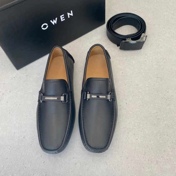 Giầy tây Owen GD233343 màu đen sần kiểu giày lười Moccasin đế âm chất liệu da thật