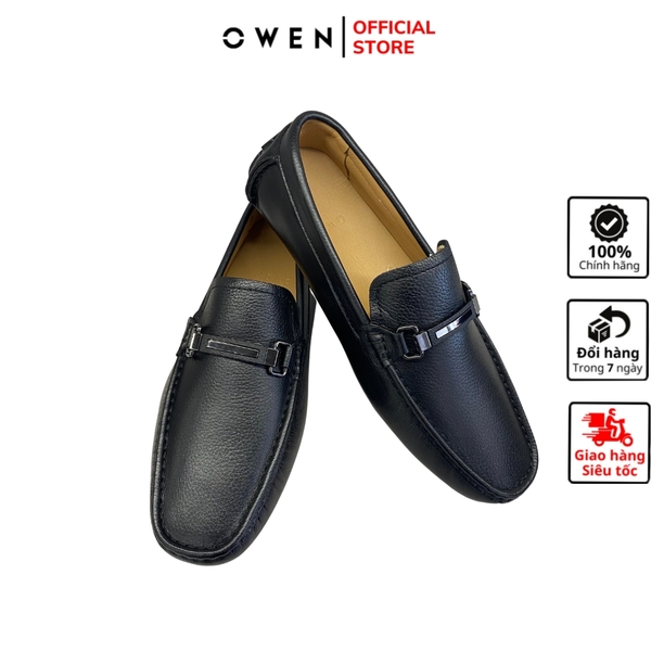 Giầy tây Owen GD233343 màu đen sần kiểu giày lười Moccasin đế âm chất liệu da thật