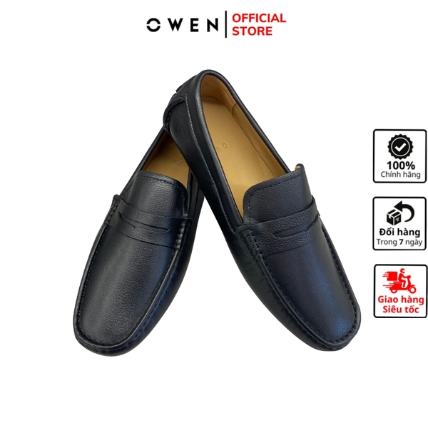 Giầy tây Owen GD233348 màu đen sần kiểu giày lười Penny loafer chất liệu da thật