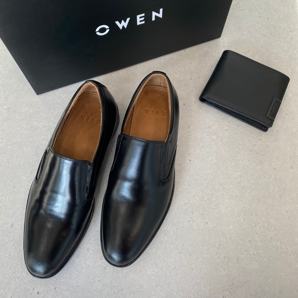 Giầy tây Owen GD233350 màu đen trơn kiểu giày lười Slip on chất liệu da thật