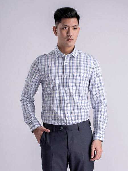 Áo Sơ Mi Nam Tay Dài Aristino ALS53008 Màu Kẻ Caro Xanh Trắng Chìm Kiểu Dáng Regular Fit Chất Liệu Sợi Tre