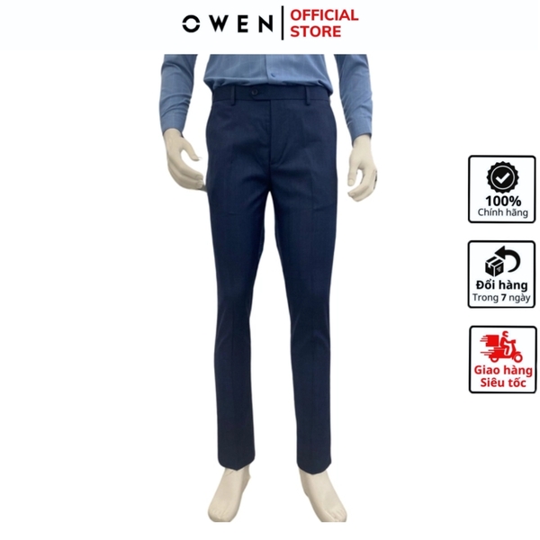 Quần Tây Nam Owen QST231862 màu xanh caro đen dáng slim fit cạp tăng đơ chất liệu polyester