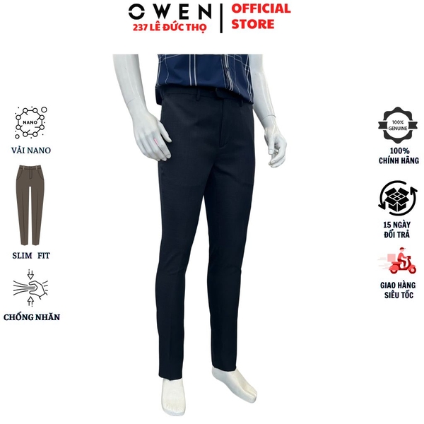 Quần Tây Nam Owen QST263037 màu đen dáng ôm slim fit cạp tăng đơ chất liệu nano