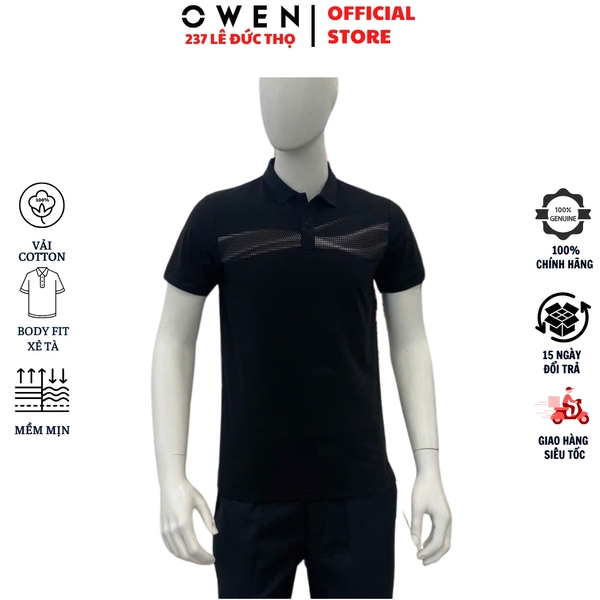 Áo thun polo Nam Tay Ngắn Có Cổ Owen APV253627 màu đen in họa tiết dáng body fit tà bằng chất liệu CVC spandex