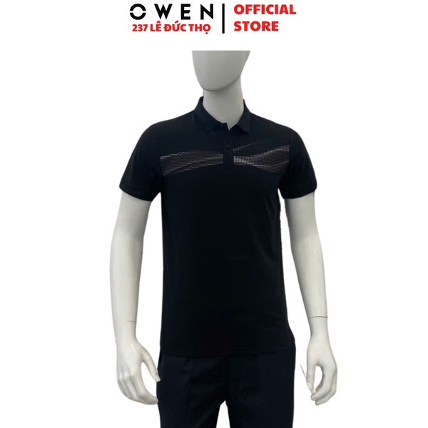 Áo thun polo Nam Tay Ngắn Có Cổ Owen APV253627 màu đen in họa tiết dáng body fit tà bằng chất liệu CVC spandex