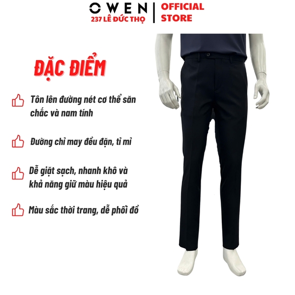 Quần tây Nam Owen QRT257149 màu đen dáng suông regular fit cạp tăng đơ chất liệu polyester