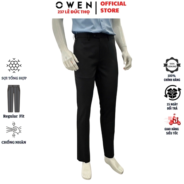 Quần Tây Nam Owen QRT263046 màu đen dáng suông regular fit cạp tăng đơ chất liệu nano