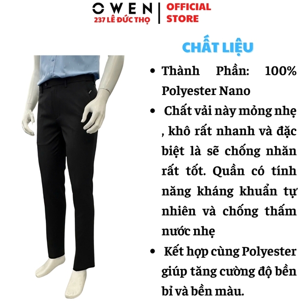 Quần Tây Nam Owen QRT263046 màu đen dáng suông regular fit cạp tăng đơ chất liệu nano