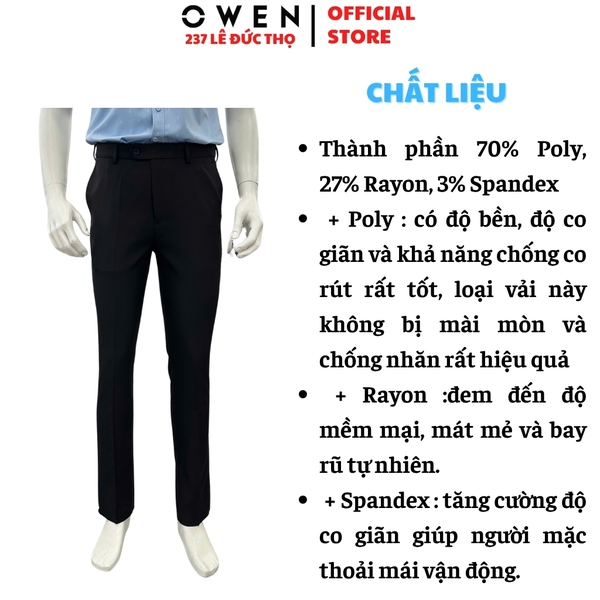 Quần Tây Nam Owen QRT262100 màu đen dáng suông regular fit cạp tăng đơ chất liệu poly rayon spandex