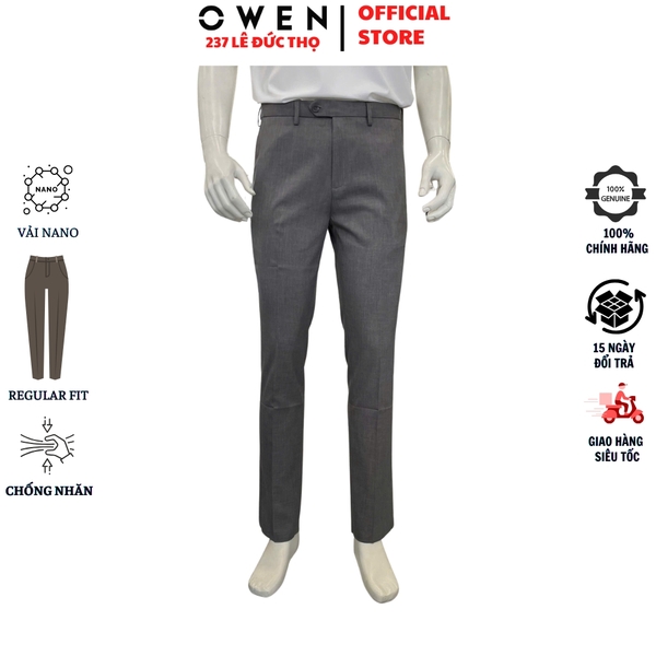 Quần Tây Nam Owen QRT263055 màu xám nhạt dáng suông regular fit cạp tăng đơ chất liệu nano