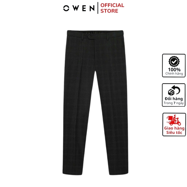 Quần tây Nam Owen QS252427 màu xám đậm kẻ caro dáng slim fit ống ôm 1 cạp chất liệu TR Spandex