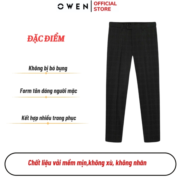 Quần tây Nam Owen QS252427 màu xám đậm kẻ caro dáng slim fit ống ôm 1 cạp chất liệu TR Spandex
