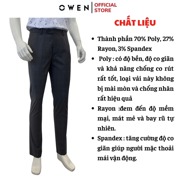 Quần tây Nam Owen QS252427 màu xám đậm kẻ caro dáng slim fit ống ôm 1 cạp chất liệu TR Spandex
