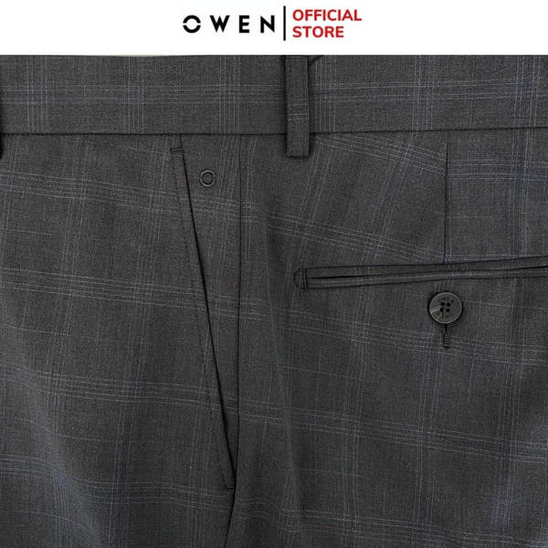 Quần tây Nam Owen QS252427 màu xám đậm kẻ caro dáng slim fit ống ôm 1 cạp chất liệu TR Spandex
