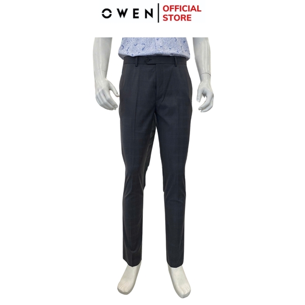 Quần tây Nam Owen QS252427 màu xám đậm kẻ caro dáng slim fit ống ôm 1 cạp chất liệu TR Spandex
