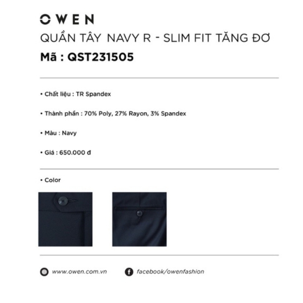 Quần Tây Nam Owen QST231505 màu navy dáng slim fit cạp tăng đơ vải polyester
