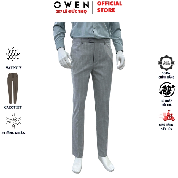 Quần tây Nam Owen QCR257094 màu xám nhạt dáng suông carot fit Chất liệu Polyester Rayon