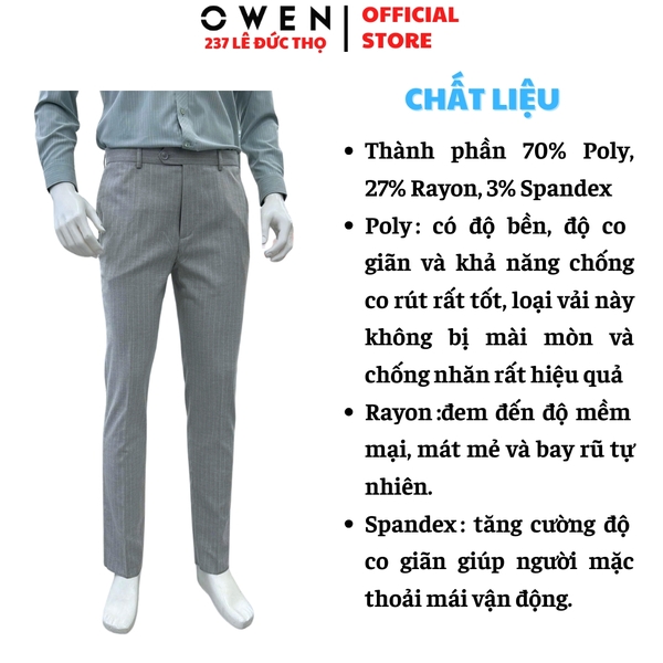 Quần tây Nam Owen QCR257094 màu xám nhạt dáng suông carot fit Chất liệu Polyester Rayon