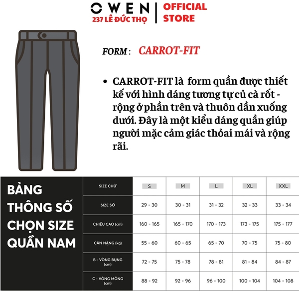 Quần tây Nam Owen QCR257094 màu xám nhạt dáng suông carot fit Chất liệu Polyester Rayon