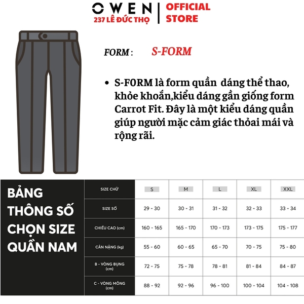 Quần tây Nam Owen QG257109 màu be đậm dáng S-form thể thao chất liệu polyester
