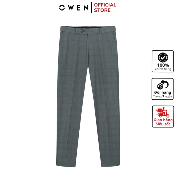 Quần tây Nam Owen QGT252408 màu xám kẻ dáng S-form cạp tăng đơ chất liệu TR spandex