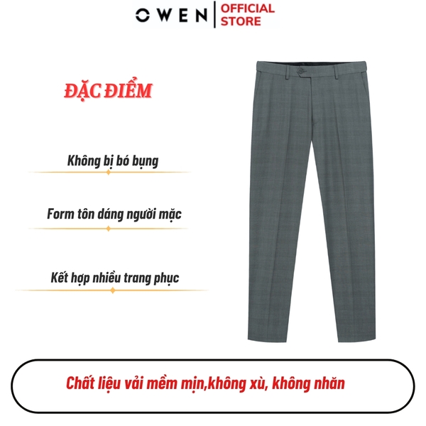 Quần tây Nam Owen QGT252408 màu xám kẻ dáng S-form cạp tăng đơ chất liệu TR spandex