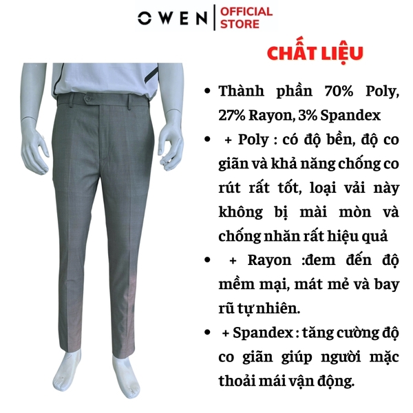 Quần tây Nam Owen QGT252408 màu xám kẻ dáng S-form cạp tăng đơ chất liệu TR spandex