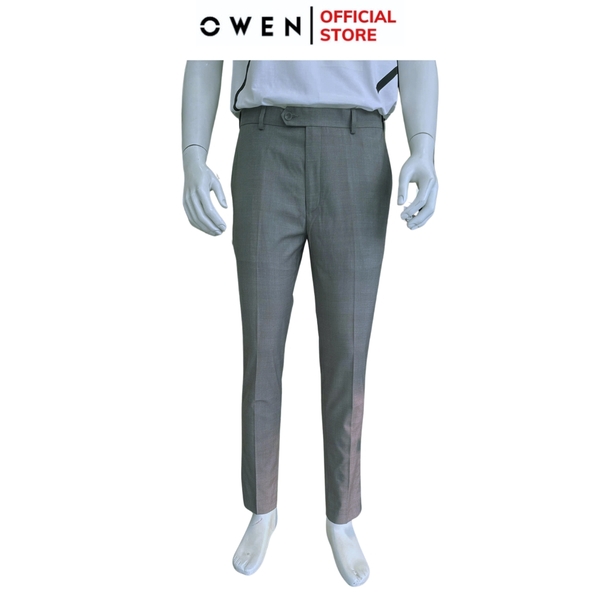Quần tây Nam Owen QGT252408 màu xám kẻ dáng S-form cạp tăng đơ chất liệu TR spandex