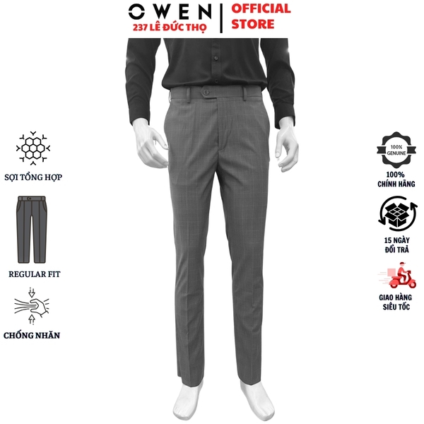 Quần tây Nam Owen QRT257101 xám nhạt dáng suông regular fit cạp tăng đơ chất liệu polyester spandex