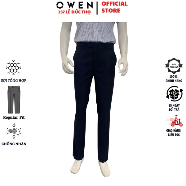 Quần Tây Nam Owen QRT262076 Xanh Tím Than Kẻ Regular Fit Cạp Tăng Đơ