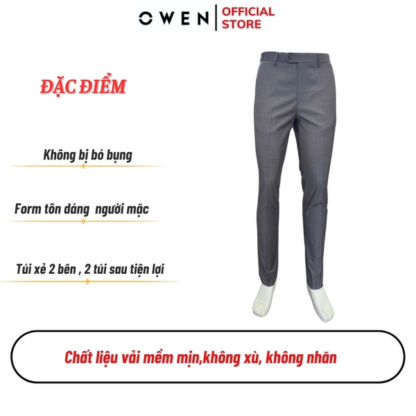 Quần Tây Nam Owen QS242808 màu xám kẻ caro chìm dáng ôm slim fit chất liệu TR Spandex