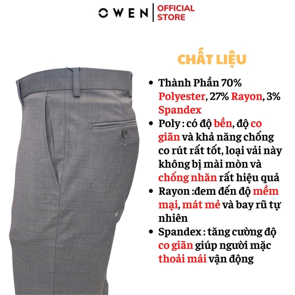 Quần Tây Nam Owen QS242808 màu xám kẻ caro chìm dáng ôm slim fit chất liệu TR Spandex