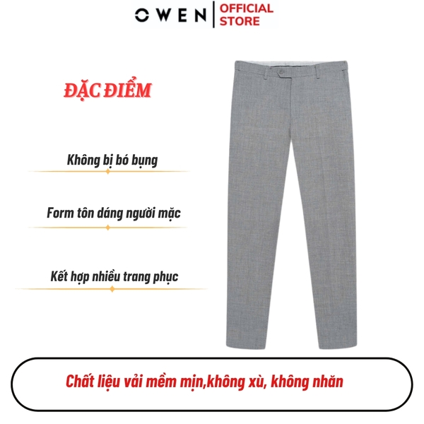 Quần tây Nam Owen QST252417 màu xám nhạt dáng slim fit ống ôm cạp tăng đơ chất liệu TR Spandex