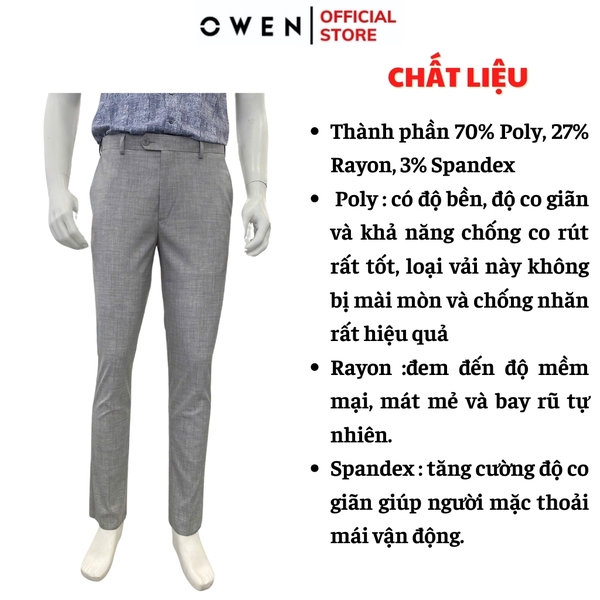 Quần tây Nam Owen QST252417 màu xám nhạt dáng slim fit ống ôm cạp tăng đơ chất liệu TR Spandex