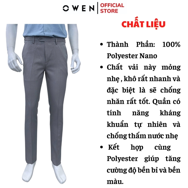Quần tây Nam Owen QST252436 màu xám nhạt dáng ôm slim fit cạp tăng đơ chất liệu nano