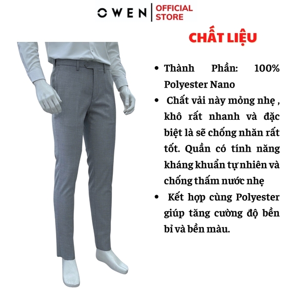 Quần tây Nam Owen QST257076 màu xám dáng ôm silm fit cạp tăng đơ chất liệu nano